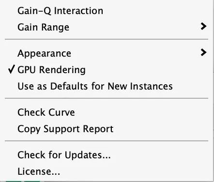 The Settings menu open, from Gain-Q Interaction to About Neutral EQ